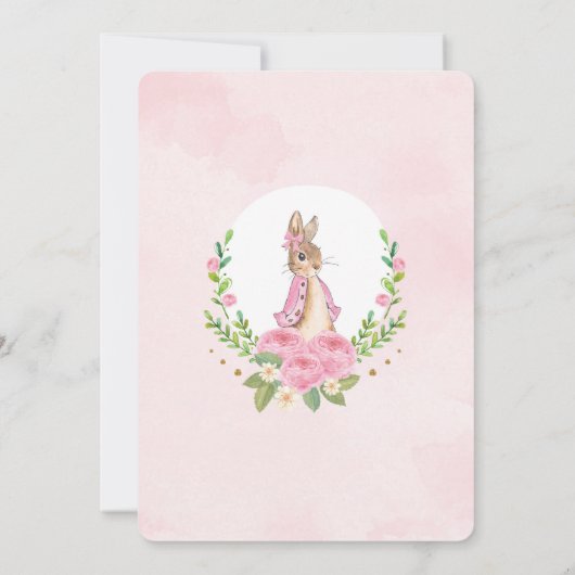 Girl Pink Gold Floral Bunny Rabbit Baby Dusche Einladung (Rückseite)