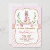 Girl Pink Gold Floral Bunny Rabbit Baby Dusche Einladung (Vorderseite)