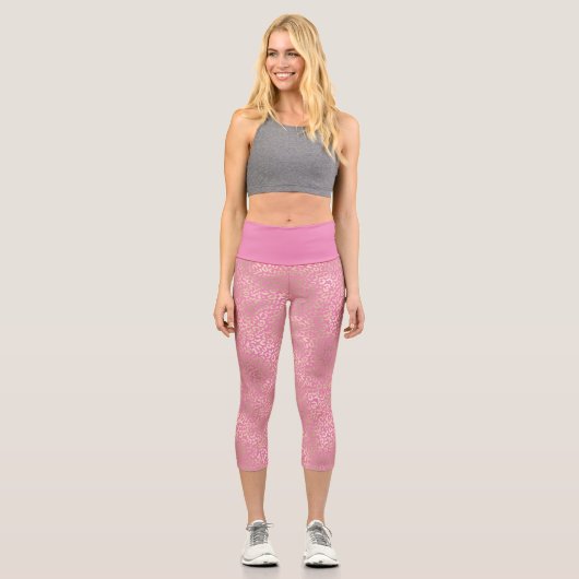 Girl Pink Gold Glam Leopard Print Capri Leggings (Vorderseite)