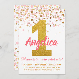 Girl Pink Gold Glitzer Confetti Erster Geburtstag Einladung