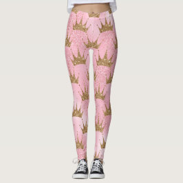 Girl Pink Gold Glitzer Crowns Funkelnd Leggings