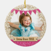 Girl Pink & Gold Glitzer Foto Keramik Ornament (Hinten)