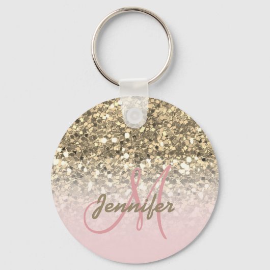 Girl Pink Gold Glitzer Glitzern Monogram Name Schlüsselanhänger (Vorderseite)