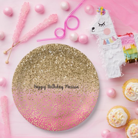 Girl Pink Gold Glitzer Leopard Print Pappteller (Party)