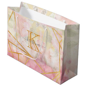 Girl Pink Gold Glitzer Sparkle Monogram Floral Große Geschenktüte