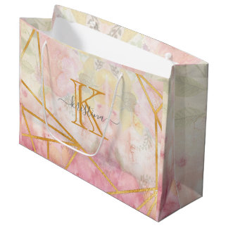 Girl Pink Gold Glitzer Sparkle Monogram Floral Große Geschenktüte