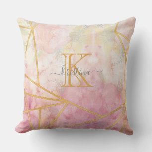Girl Pink Gold Glitzer Sparkle Monogram Floral Kissen