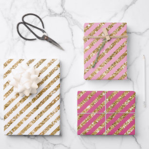 Girl Pink Gold Glitzer Streifen Geschenkpapier Set