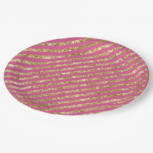 Girl Pink Gold Glitzer Streifen Pappteller (Schrägansicht)
