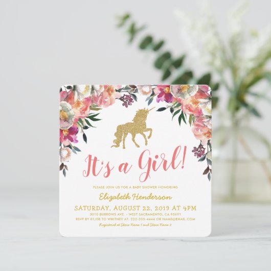 Girl Pink Gold Glitzer Unicorn Kinderdusche Einladung (Stehend Vorderseite)