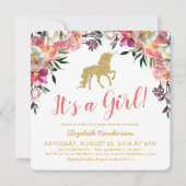 Girl Pink Gold Glitzer Unicorn Kinderdusche Einladung (Vorderseite)