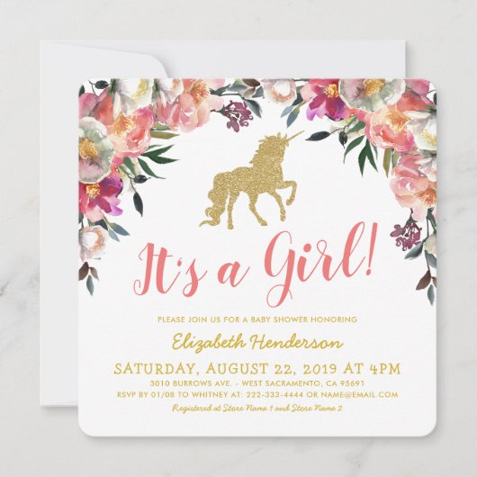 Girl Pink Gold Glitzer Unicorn Kinderdusche Einladung (Vorderseite)