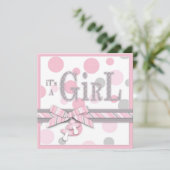 GIRL Pink Gray Dots Babydusche Einladung (Stehend Vorderseite)