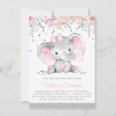 Girl Pink Gray Elephant Diamond Baby Dusche Einladung (Vorderseite)