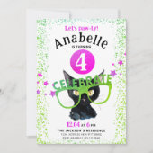 Girl Pink Green Black Cat Paw Glitzer Wasserfarbe Einladung (Vorderseite)