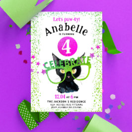 Girl Pink Green Black Cat Paw Glitzer Wasserfarbe Einladung