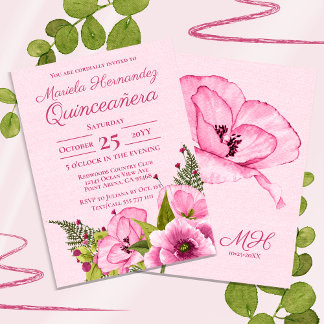 Girl Pink Green Watercolor Floral Quiceañera Einladung