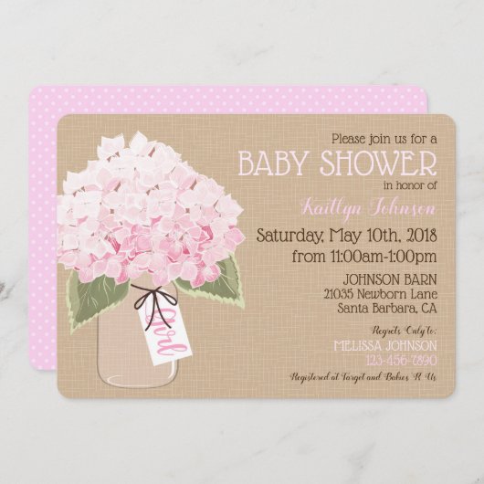 Girl Pink Hydrangea Mason Jar Rustic Baby Dusche Einladung (Vorne/Hinten)