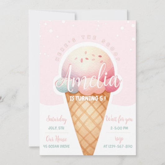 Girl Pink Ice Cream Geburtstag Einladung (Vorderseite)