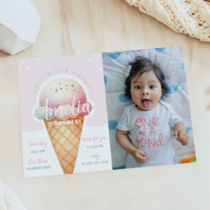 Girl Pink Ice Cream Geburtstags-Foto Einladung