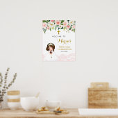 Girl Pink Lace Floral Erste Kommune Begrüßungszeic Poster (Küche)