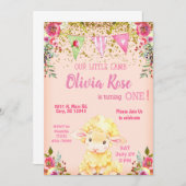 Girl pink Lamm 1. Geburtstagseinladung. Einladung (Vorne/Hinten)