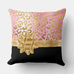 Girl Pink Leopard & Black Gold Bow Ribbon Kissen