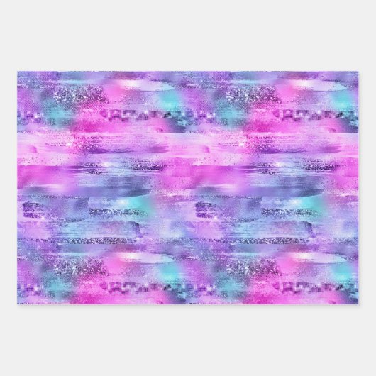 Girl Pink Lila Aqua Glitzy Meerjungfrau Streifen Geschenkpapier Set (Vorderseite)