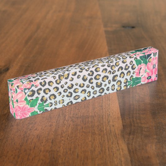 Girl Pink Minze Ombre Bloral Glitzer Leopard Print Namensplakette (Seite)