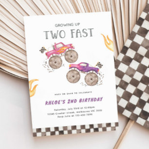 Girl Pink Monster Truck Zwei Schnelle Geburtstage Einladung