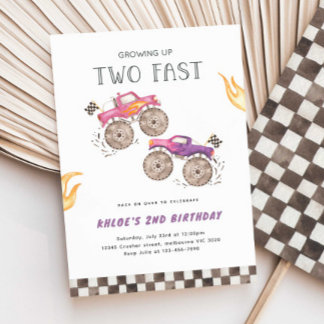 Girl Pink Monster Truck Zwei Schnelle Geburtstage Einladung