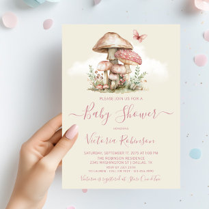 Girl Pink Mushroom Butterfly Babydusche Einladung