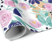 Girl Pink Navy Blue Gold Watercolor Blume Geschenkpapier (Rolleneckpunkt)