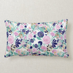Girl Pink Navy Blue Gold Watercolor Blume Lendenkissen