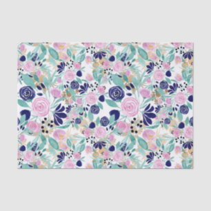 Girl Pink Navy Blue Gold Watercolor Blume Seidenpapier