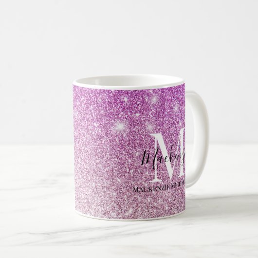 Girl Pink Ombre Glitzer Monogram Name Kaffeetasse (VorderseiteRechts)