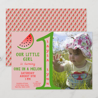 Girl Pink One in a Melon Themed 1. Geburtstag Foto Einladung