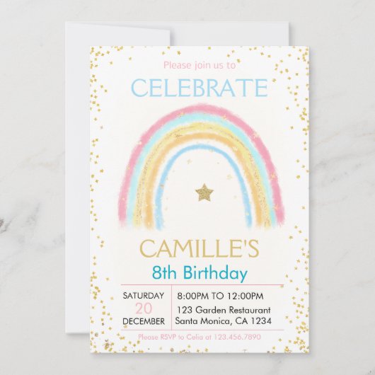 Girl Pink Pastel Gold Rainbow Geburtstag Einladung (Vorderseite)
