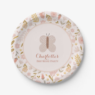 Girl Pink Pastel Wildblumen und Schmetterling Pappteller