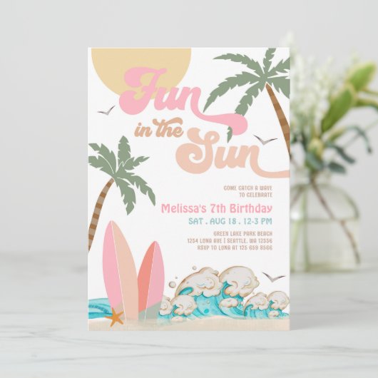 Girl Pink Peach Fun in the Sun Birthday Party Einladung (Stehend Vorderseite)