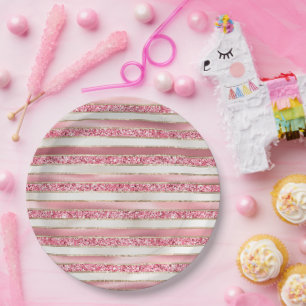 Girl Pink Pearl Glitzer Streifen Pappteller