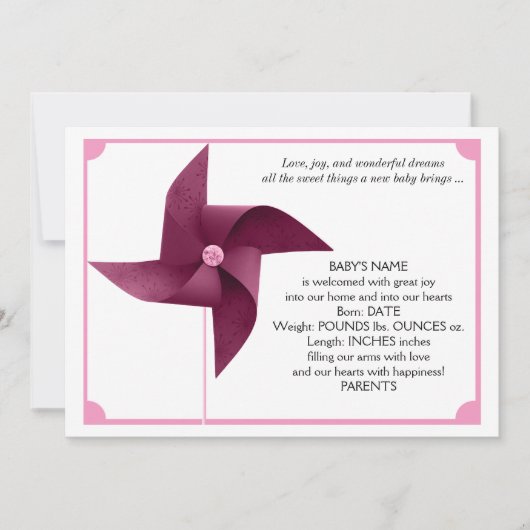 Girl Pink Pinwheel Kinderankündigung Ankündigung (Vorderseite)