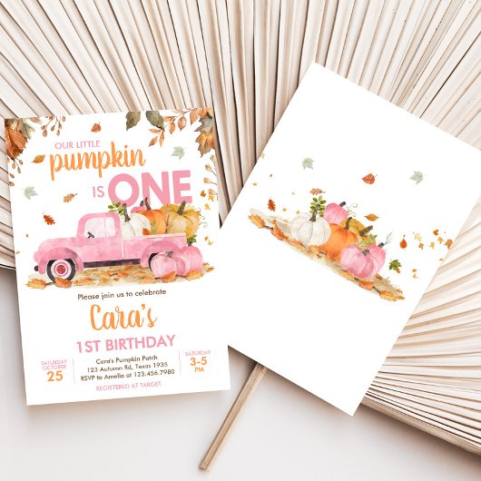 Girl Pink Pumpkin Truck Fall Birthday  Einladung