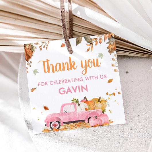 Girl Pink Pumpkin Truck Fall Birthday Square Geschenkanhänger