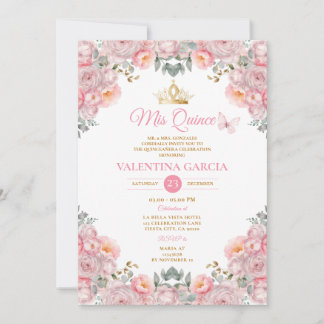 Girl Pink Quinceañera 15 Anos Blume Goldkrone Einladung