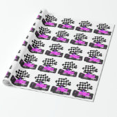 Girl Pink Race Car mit karierte Flagge Geschenkpapier (Ungerollt)