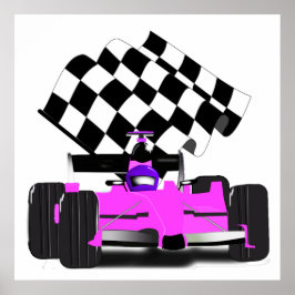 Girl Pink Race Car mit karierte Flagge Poster