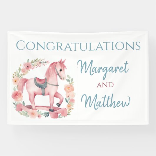 Girl Pink Rocking Horse Kinderdusche Party Banner (Horizontal)