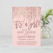 Girl Pink Rose Gold Glitzer Fringe Baby Dusche Einladung (Stehend Vorderseite)