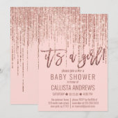 Girl Pink Rose Gold Glitzer Fringe Baby Dusche Einladung (Vorne/Hinten)